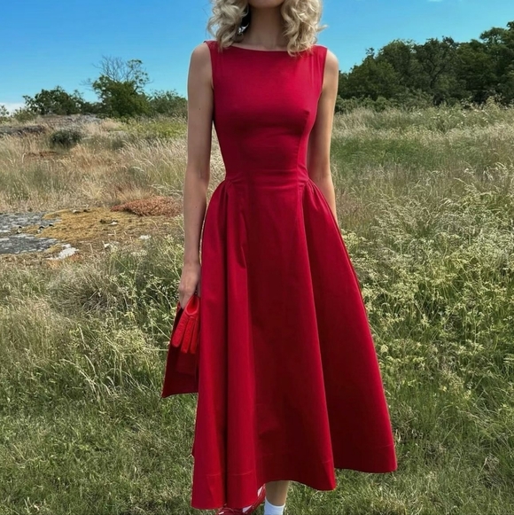 Helsa Stretch Cotton Sateen Midi Dress in Red - Picture 4 of 12